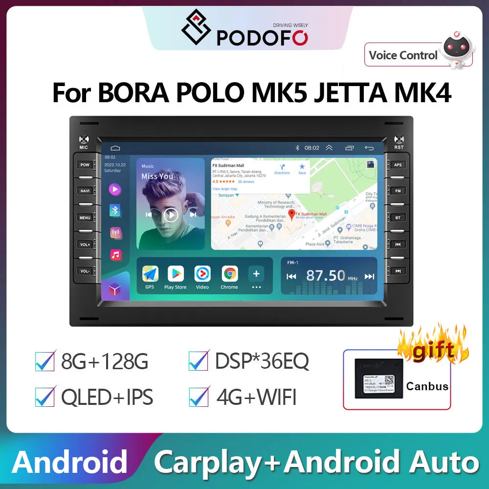 

Автомагнитола Podofo, мультимедийный плеер на Android, с радио, для Volkswagen GOLF, POLO, Passat b5, BORA MK5, SHARAN, JETTA, Carplay, типоразмер 2DIN