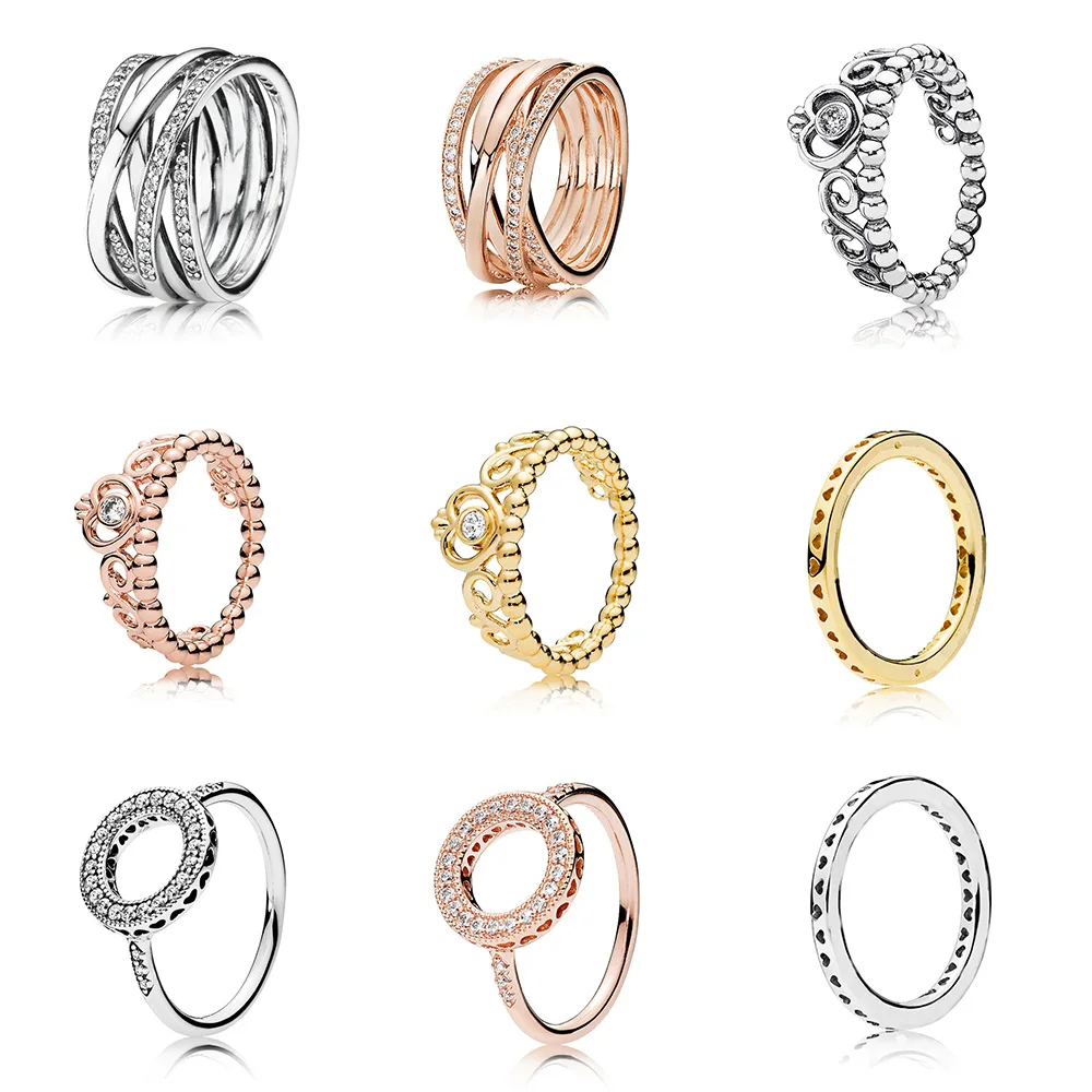 

925 Sterling Silver Ring Charms Diy Rose Gold Crown Round Shape Crystal Finger Ring For Women Party Jewelry