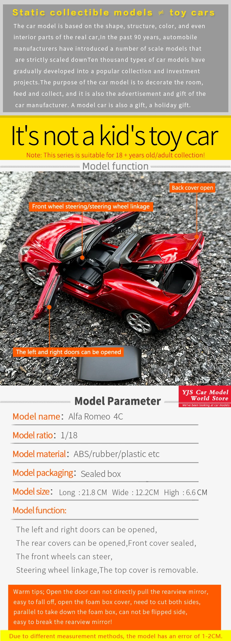 70142: AUTOART AA 1:18 Alfa Romeo 4c Sports car model Alloy Collection gift display for friends and family 