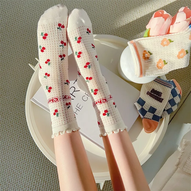 Summer Cherry Print Socks Female Thin Mesh Socks Students Girls Cute Kawaii Harajuku Socks For Girls Gift Streetwear Ruffle Soks