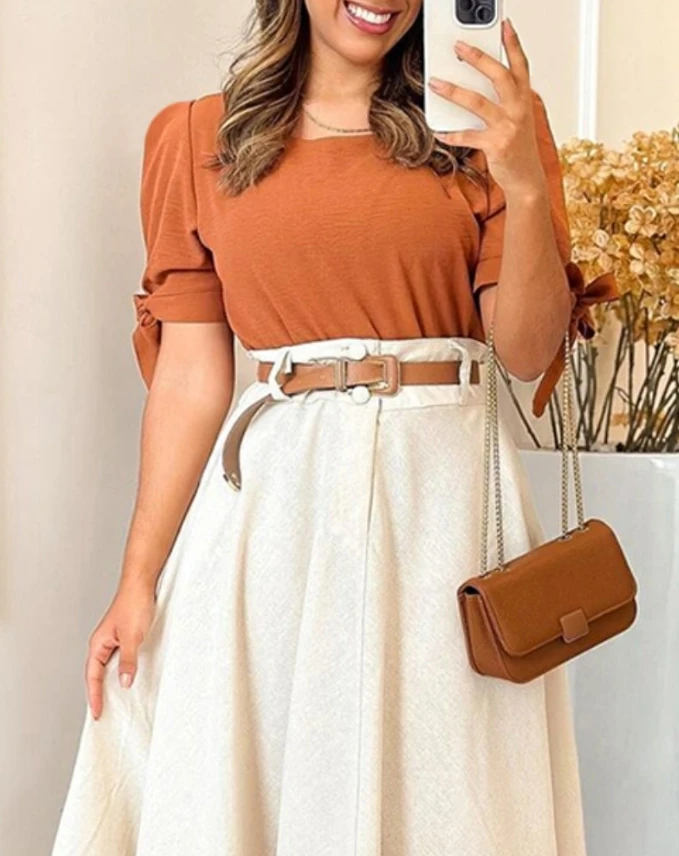 Women's Summer Casual Versatile Short Sleeved Pleated Regular Top and Solid Color Slim Fit Half Length Skirt Urban Beauty Set