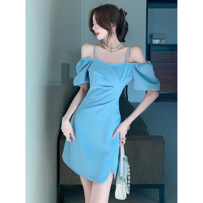 

Summer one-piece dress 2023 French elegance sexy slit one shoulder Suspenders dress Korean fashion Waist Resort Midi dress