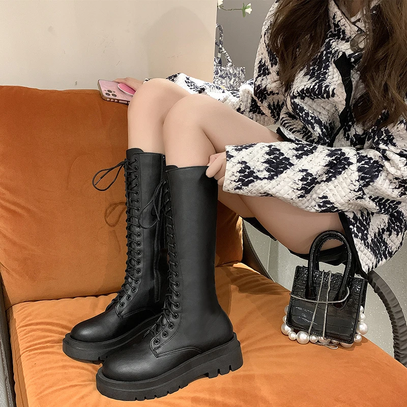 

2024 new Leather Knee High Boots women Shoes Fashion Autumn Winter Blue Beige Black Lace-up Riding Boots 34-43