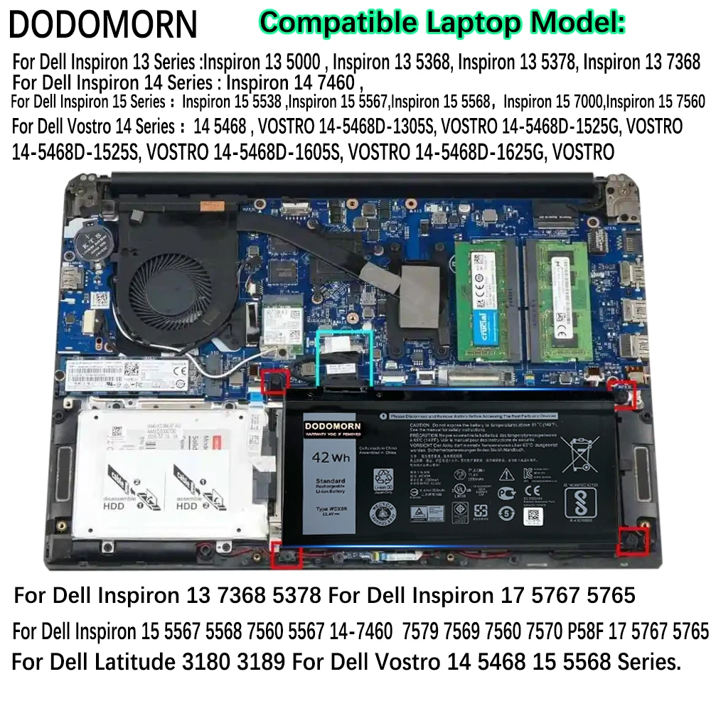 Wdx0r Bateria do Portátil para Dell Vostro 145468 14-5471 143480 15-5568 5581 3583 Inspiron 13 15 5000 7000 Series Baterias Wdxor - Imagem 6