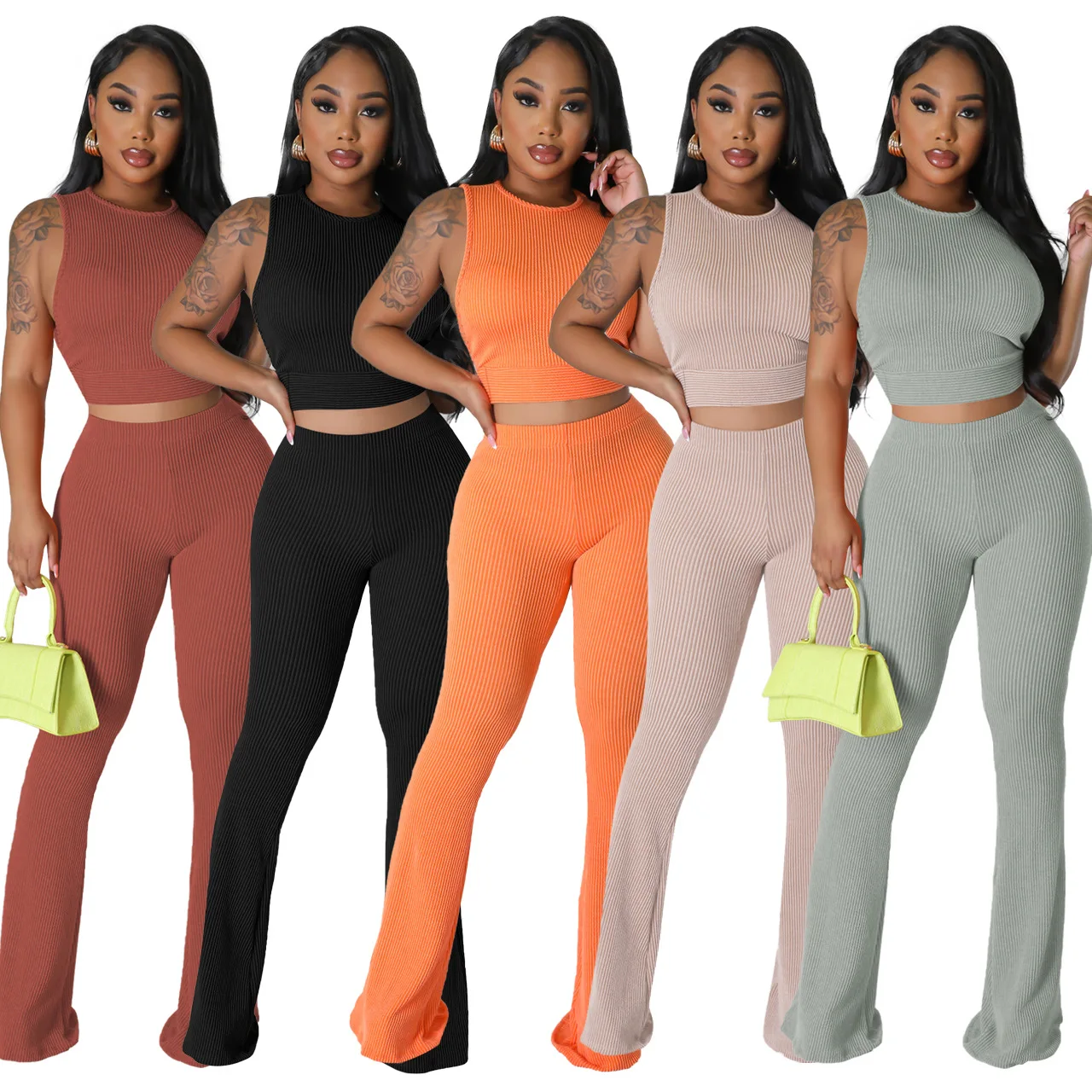 Summer Women'S Lounge Wear Sexy Ribbed Sleeveless Crop Tank Top And Wide Leg Long Pants Set Casual Two Pieces Set Women Set