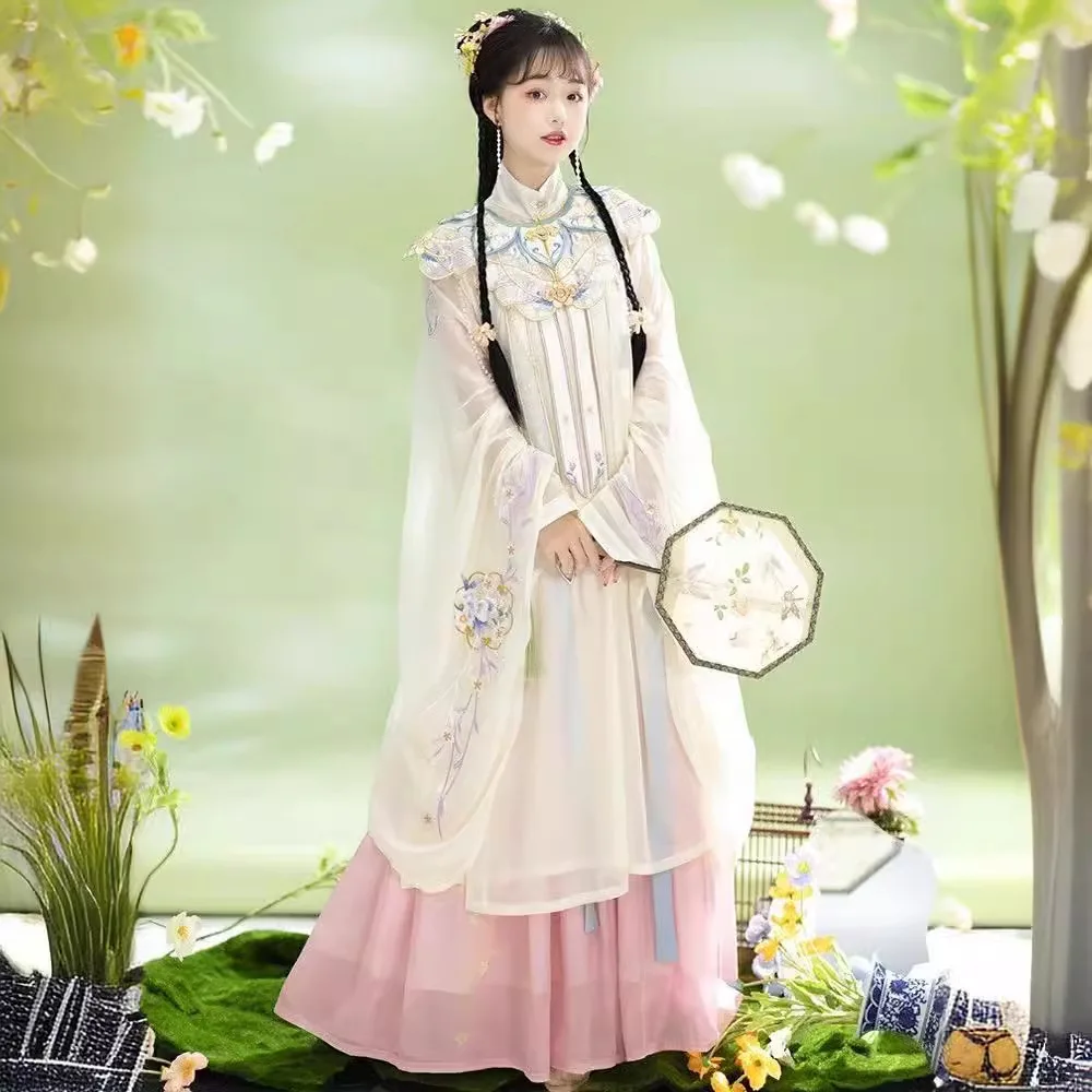 

Hanfu women's cross collar Chinese style ancient dress cloud shoulder spring summer embroidery retro Xianqi student dress adult