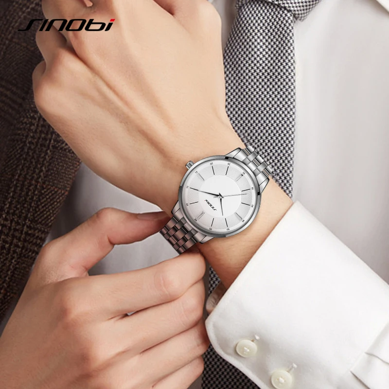 SINOBI Casual Men's Watches Fashion Silver Mans Quartz Wristwatches Top Luxury Male Best Gifts Clock Business Relogio Masculino