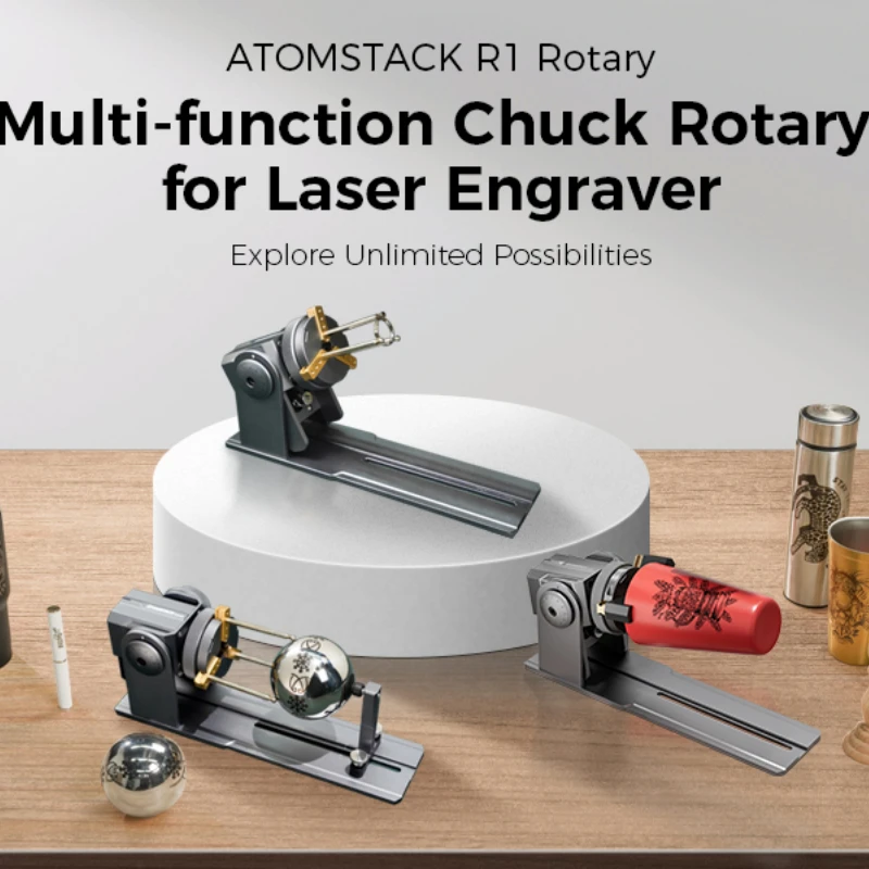 

Multi-function Atomstack Maker R1 PRO Chuck and Roller Rotary Compatible with 95% Laser Engraver CNC Engraving Cutting Machine