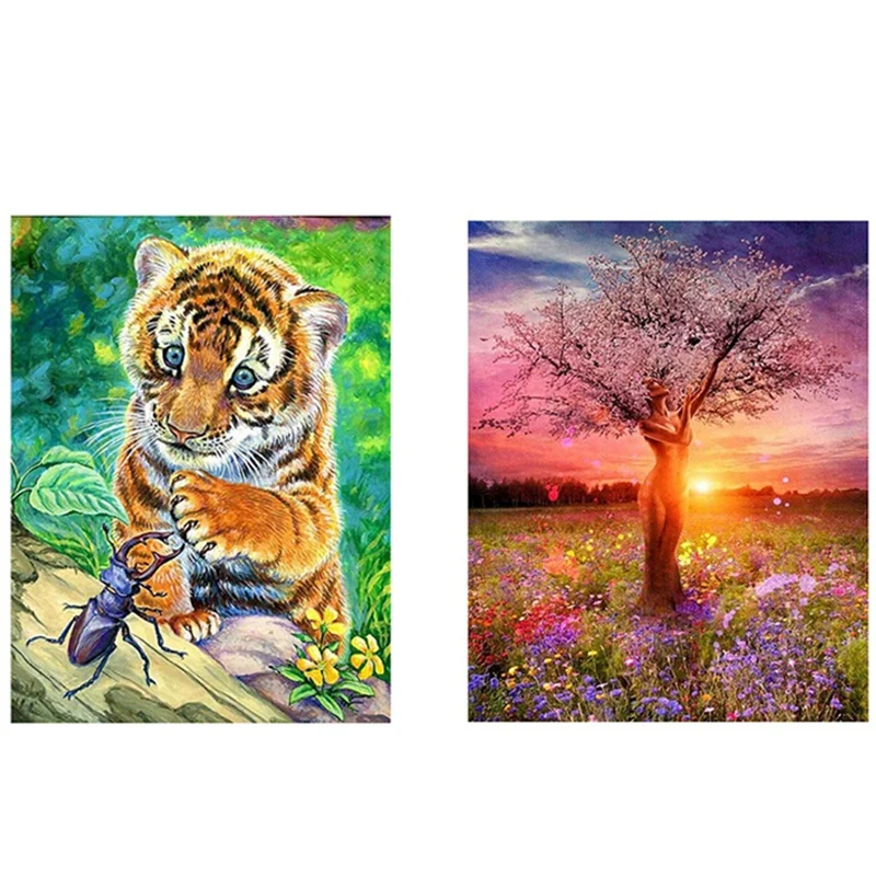 

Набор для алмазной живописи, комплект из 2 круглых страз, искусство, украшение для дома, тигр, насекомые и дерево