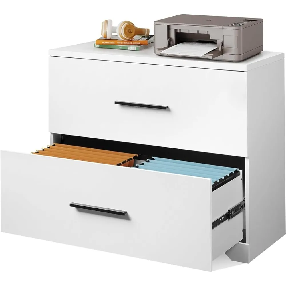 

2 Drawer Wood Lateral File Cabinet With Anti-tilt Mechanism White Office Cabinet Furniture Narrow and High Chest of Drawers Lock