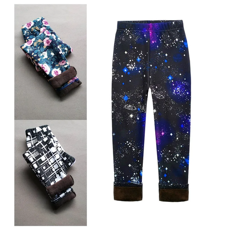 

Girls Fleece-Lined Kidsleggings Autumn and Winter Children Milk Silk Printing Warm Long Medium and Small Floral Autumn Boots Pan