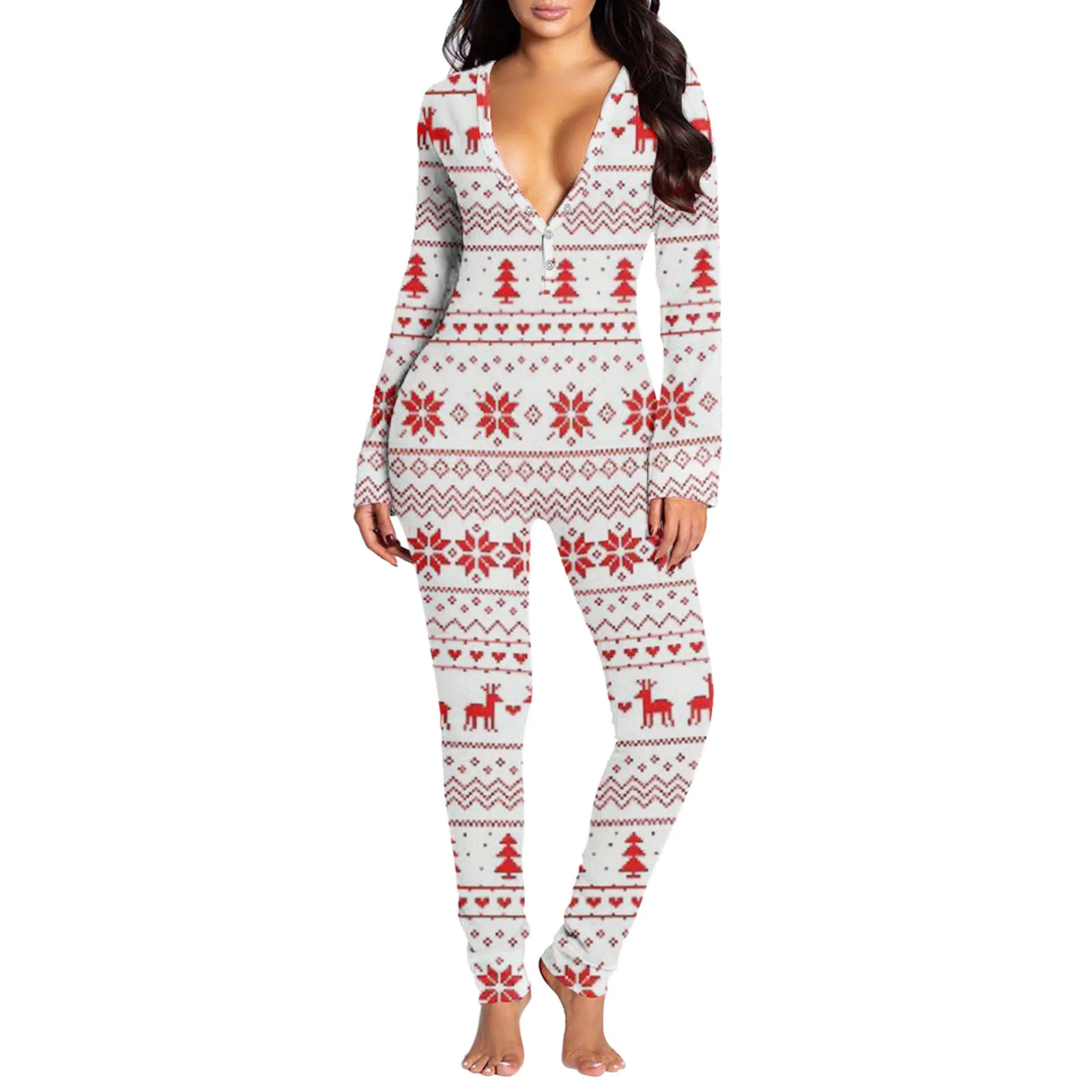 

Jumpsuits For Women 2022 Christmas Onesies Sexy Butt Button Back Flap Jumpsuit V Neck Long Sleeve Romper Santa Pajamas Female
