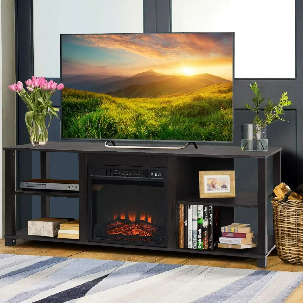 2-Tier TV Stand, Modern Entertainment Centers with Adjustable Shelves, Suitable for 18" Electric Fireplace (Not Included) 2
