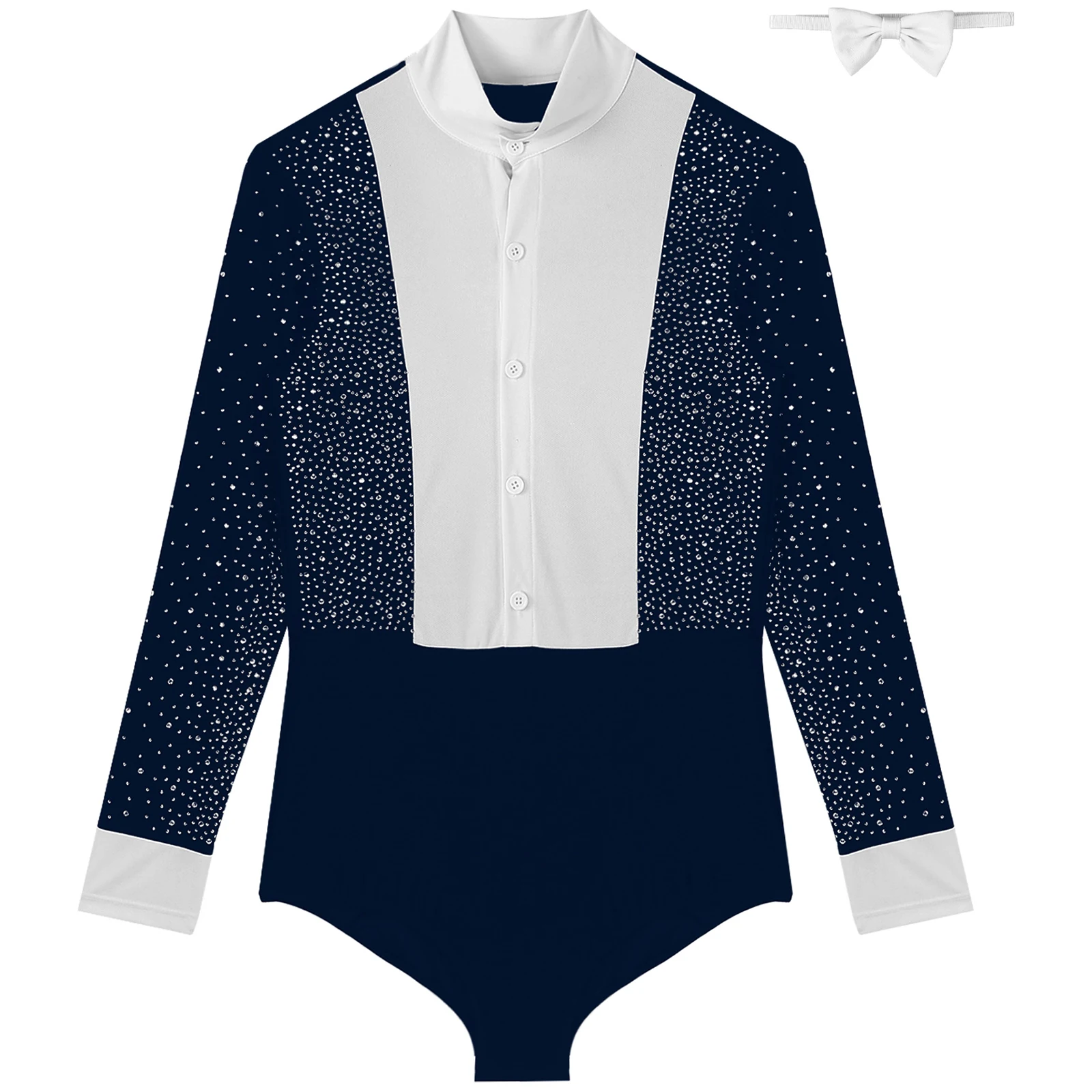 Mens Latin Rumba Ballroom Dance Performance Costume Long Sleeves Shiny Rhinestones Tango Cha-Cha Leotard Bodysuit with Bowtie