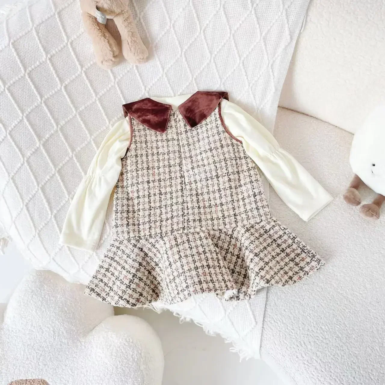

2023 Autumn Winter Kids Baby Girls 2PCS Clothes Set Cotton Bottom Tops Strappy Tweed Tartan Dress Suit Toddler Girls Outfits