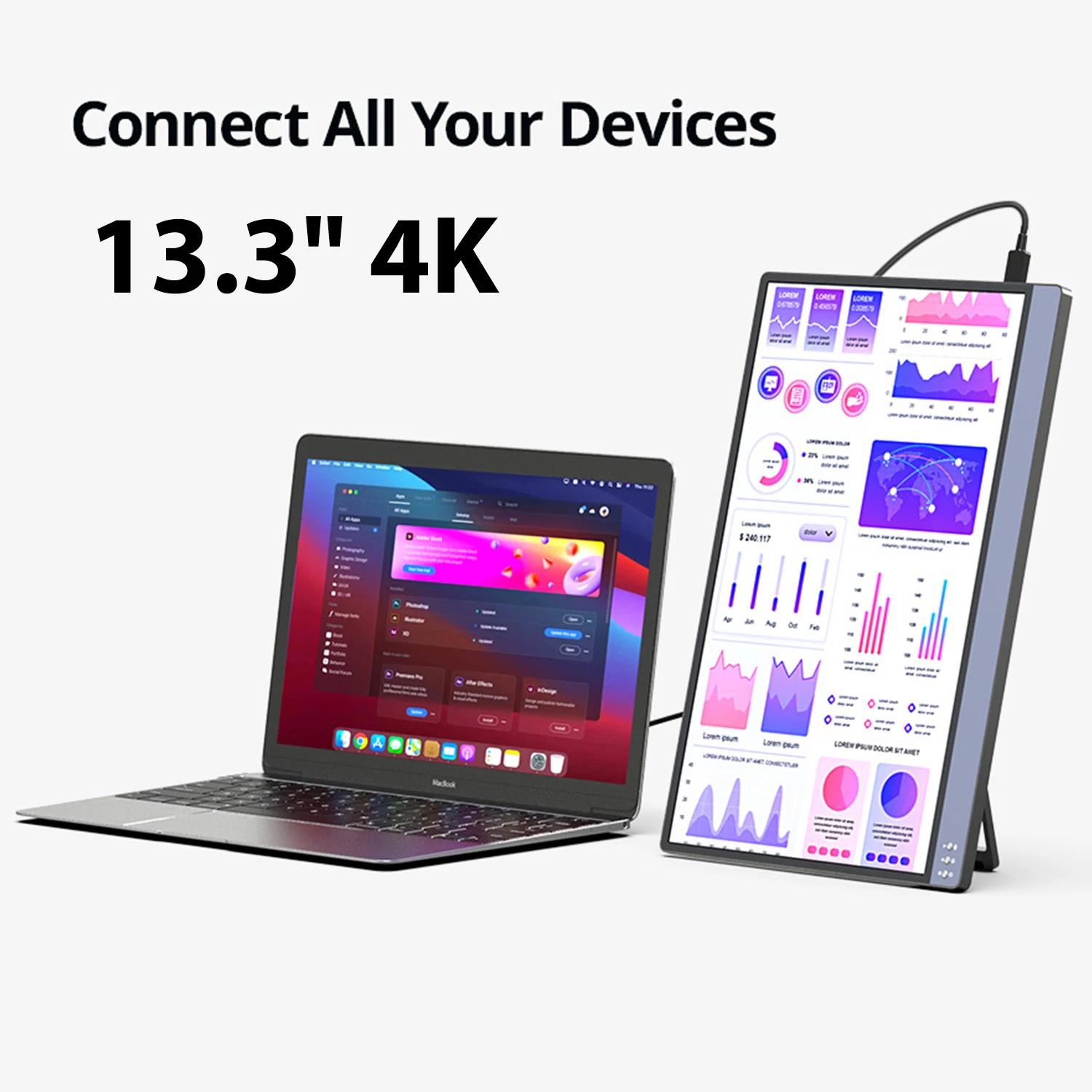 휴대용 사무실 모니터 화면, USB C타입 디스플레이, 노트북 스위치 PS5/4 Xbox 맥북 미니 PC용 접이식 스탠드 포함, 13.3 인치, 4K