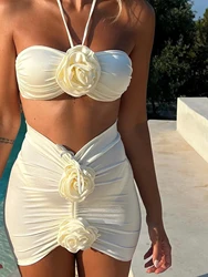 2024 New Sexy 3D Flowers Three Pieces Bikini Set Swimsuit For Women Halter Push Up Swimwear Female Bathing Suit Beachwear Bather