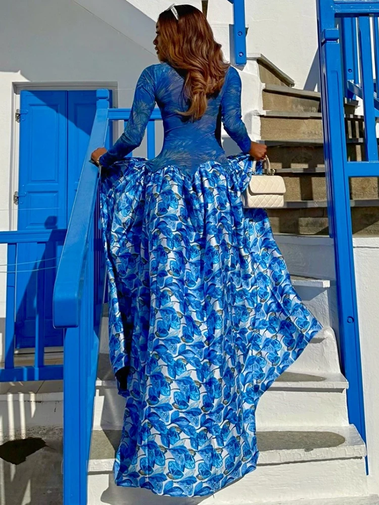 Nibber Colorful Print Maxi Dress Turtleneck Patchwork See Through Full Sleeve Big Hem Elasticity Vacation Art Style Vestidos