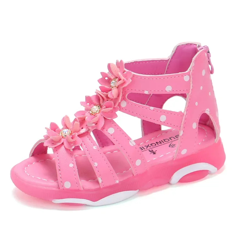 Girls Sandals Flowers Kids Roman Sandals Children Gladiator Shoes Soft Leather With Dots Zipper Pearl Beading Toddler 1-12 Years kids shoes children sandals kids sandals
