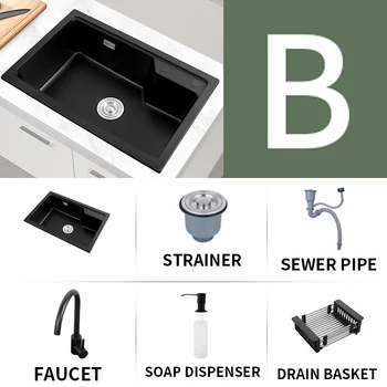 อ่างล้างจานหินควอตซ์สีดำ อ่างล้างหน้าหินแกรนิตขนาดใหญ่ อ่างล้างหน้าเดี่ยว อ่างล้างจานสไตล์ฮาร์เบอร์ อ่างล้างจานบ้าน 2