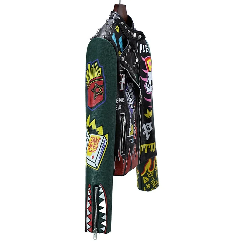 Cropped Graffiti Print Leather Jacket for Women 2024 Trend Rivets Punk Style Streetwear Contrast Faux Leather Motorcycle Jackets