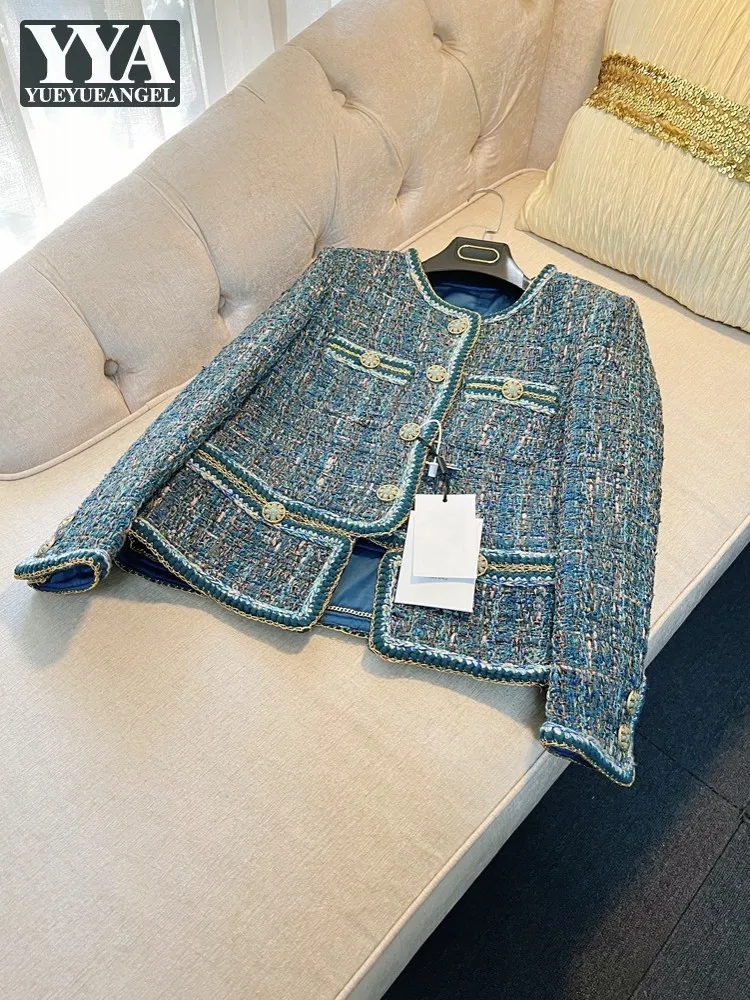 

Vintage High Quality Women Tweed Jacket Brand Designer O Neck Single Breasted Twill Coat Elegant Ladies Party Outwear Jackets