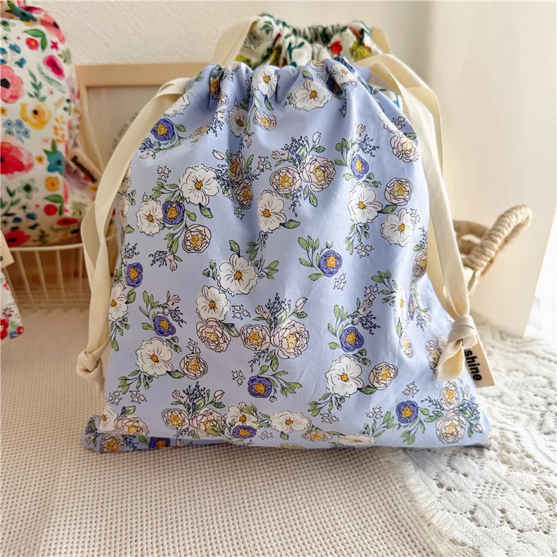 Floral Print Travel Drawstring Bag - Portable Cotton Organizer for Underwear, Socks, and Makeup