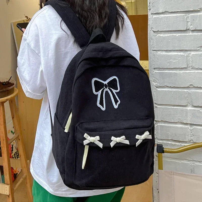 Cute Bowknot Aesthetic Backpacks Lightweight School Bookbags Students Sweet Rucksack for Girls Women's Corduroy College Mochilas