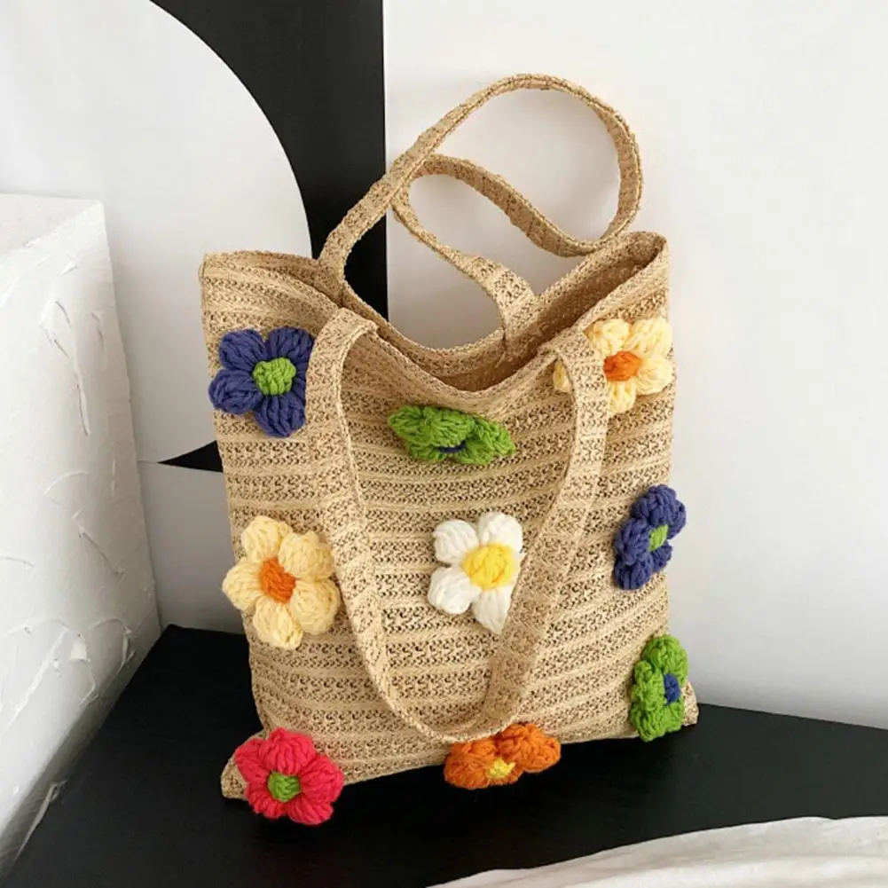 Bright Color Women Shoulder Bag Crochet Flower Large Capacity Women Handbag Hand Woven Colorful Hollow Out Tote Bag For Outdoor
