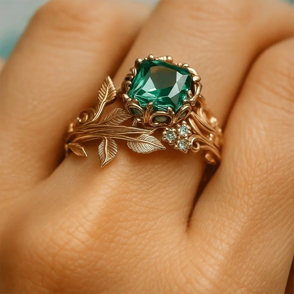 Vintage Gold Color Rings for Women Trendy Inlaid with Green Stone Flower Round Personalized Creativity Party Rings Jewelry