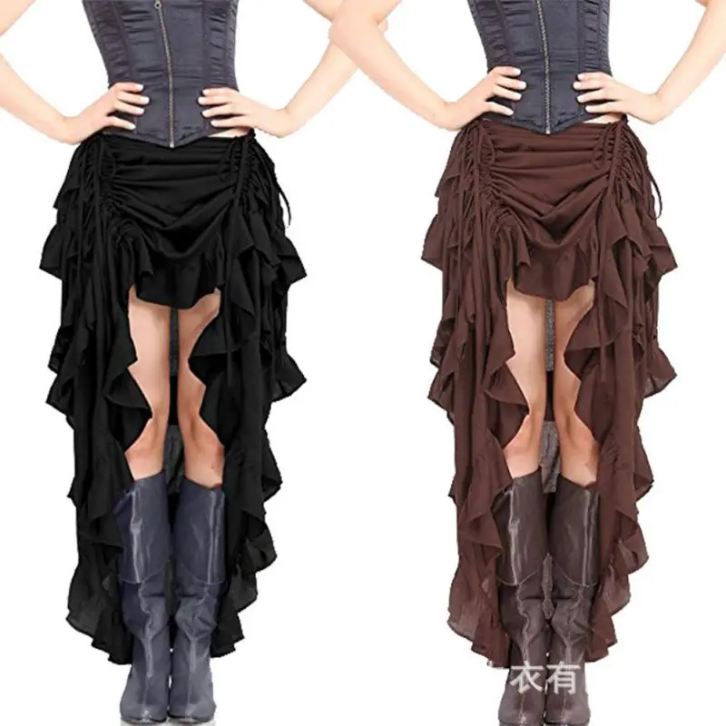 Ruffles Women Maxi High Waist Skirts Solid Drawstring Black Punk Hip Skirts 2023 Autumn New Popular Harajuku Party Vestidos