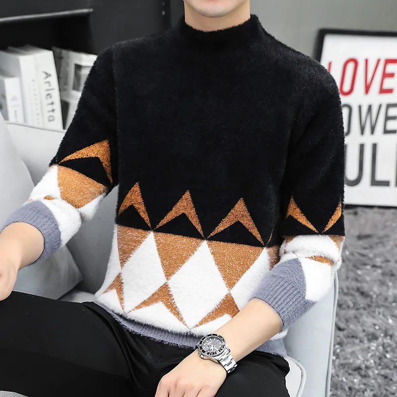 

mens Top High quality Mink hair Sweater autumn Winter mens fashion Korean Rhombus Knitted Pullover mens wear Thickened