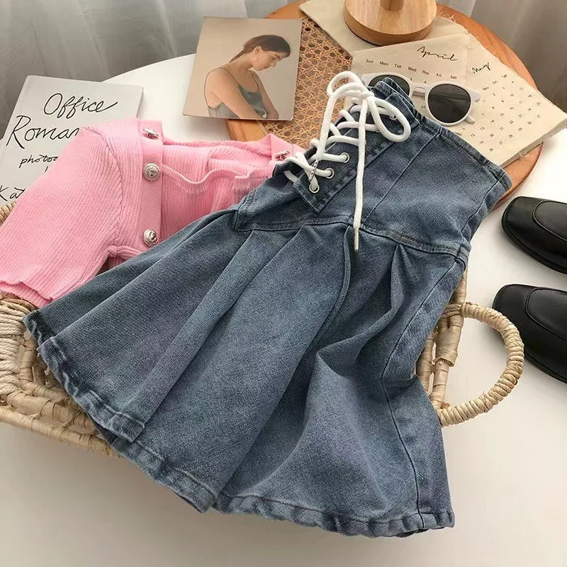 Children Skirts Spring Autumn Girls Pleated Skirt Baby Denim Skirt Kids Skort Stretchable Waist Lacing For 3-14Y