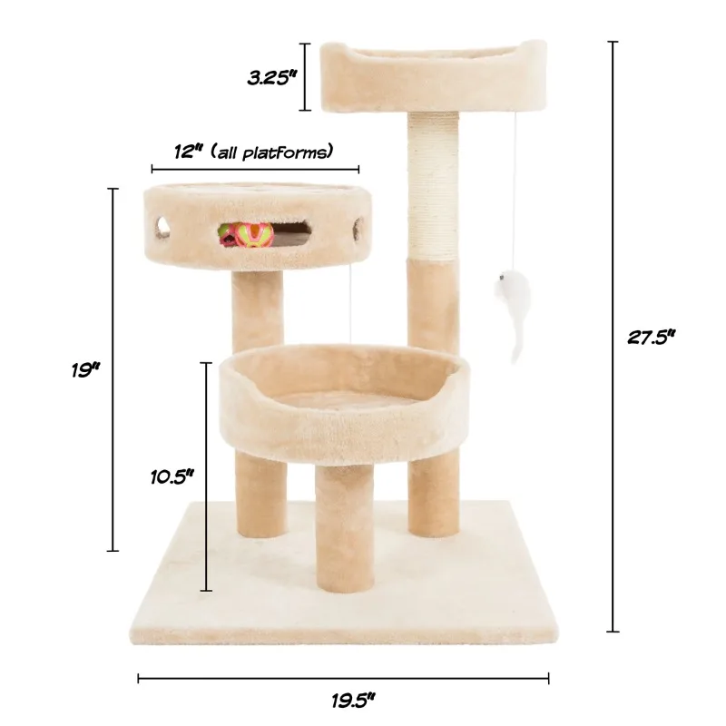 3-Tier Cat Tree - 2 Carpeted Napping Perches, Sisal Rope Scratching Post, Hanging Mouse, and Interactive Cheese Wheel Toy by 2