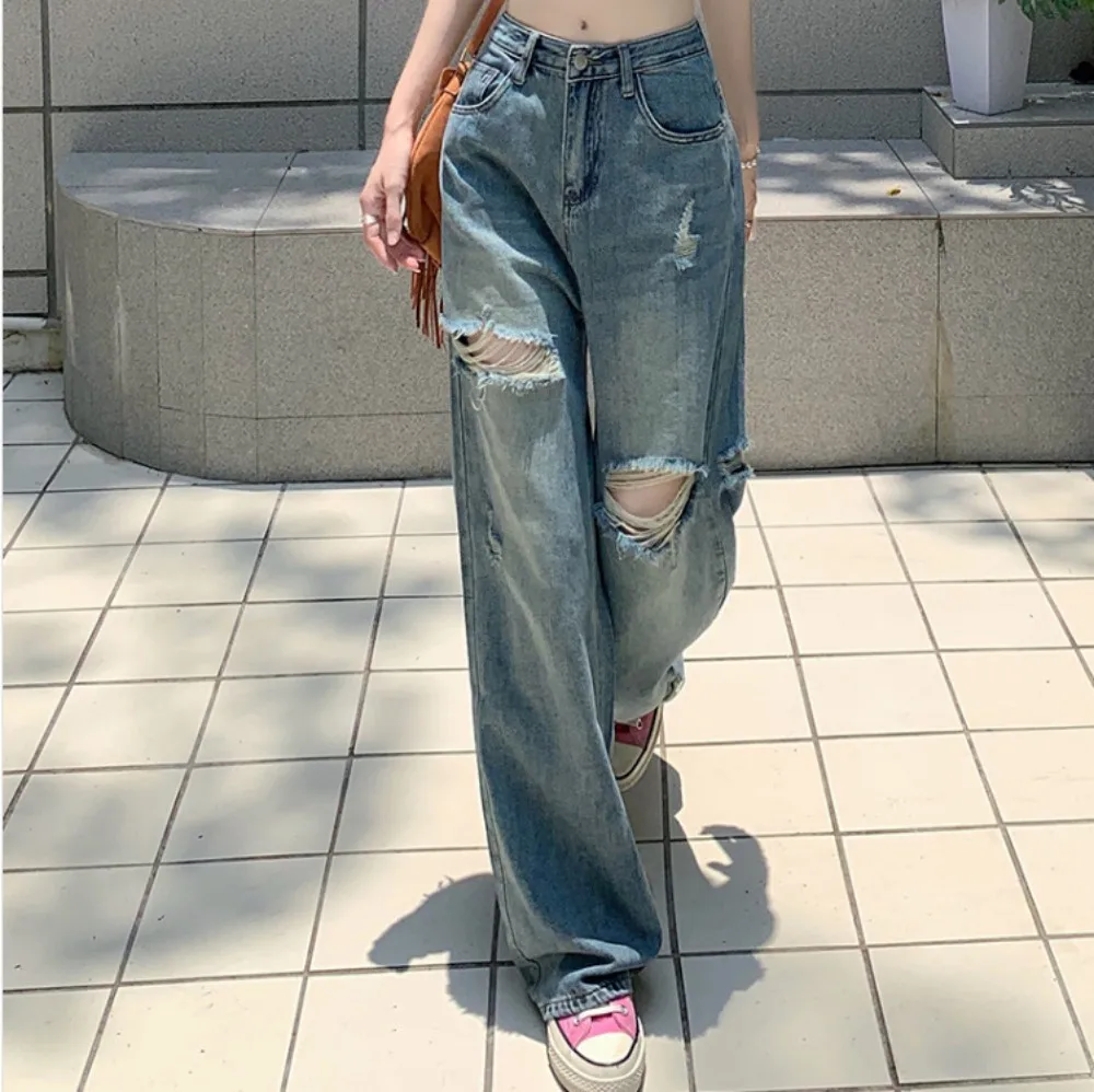 

American Vintage Ripped Jeans Women's Summer Denim Pants Loose Straight Leg High Waist Bagge Pants Vintage Hole Denim Trousers