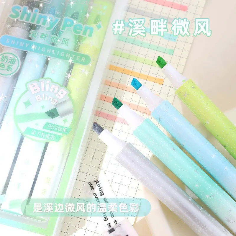 반짝이 하이라이터 펜 마커 펜, 형광 펜, DIY 드로잉 마킹 하이라이터, 귀여운 문구류, 학교 용품, 세트당 4 개