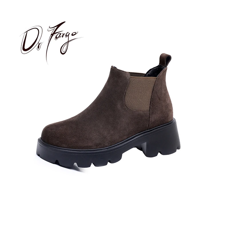 

DRFARGO Women Boots Spring Winter Nubuck 5.5cm Punk Heeled Slip on Round Toe Soft sole Big size 42 Botas for Female Retro Style