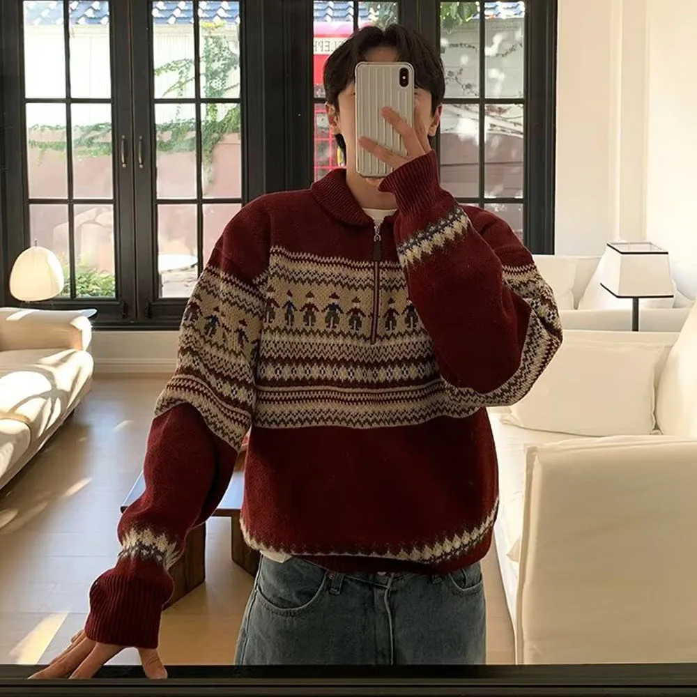 Korean Style Men's Zip up Christmas Y2K Knitwear Pullovers Sweatshirts Striped Knit Turtleneck Sweater For Men Streetwear Jumper