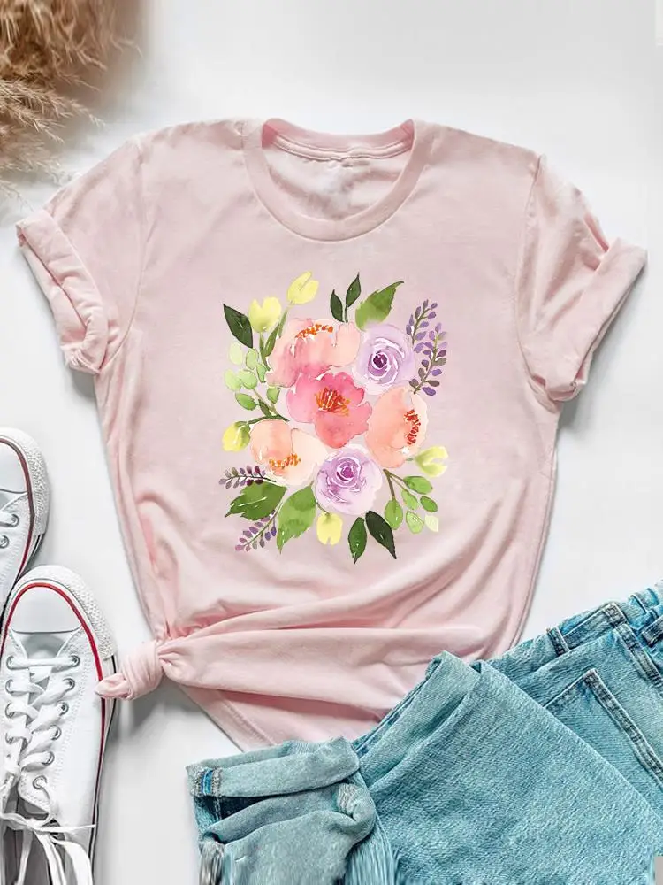 Sweet Watercolor Flower 90s Clothing Short Sleeve Tee Top Summer Graphic T Shirt Women Fashion Casual Female Print T-shirt
