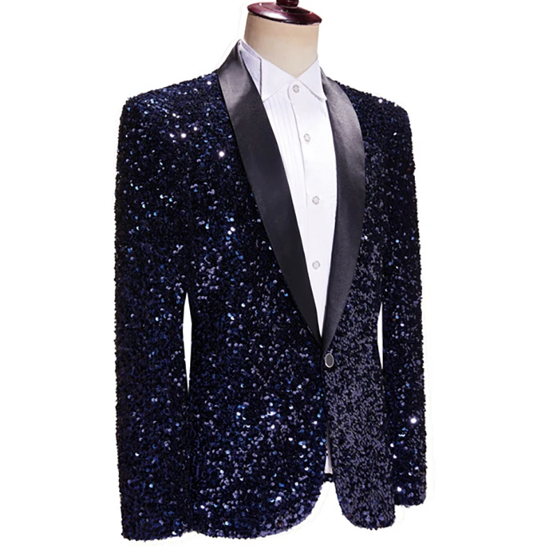 Mens Shiny Sequin Blazer Jacket Party Wedding Nightclub Glitter Shawl Lapel Tuxedo Blazer Navy Blue Stage Prom Dress Suit Jacket 2