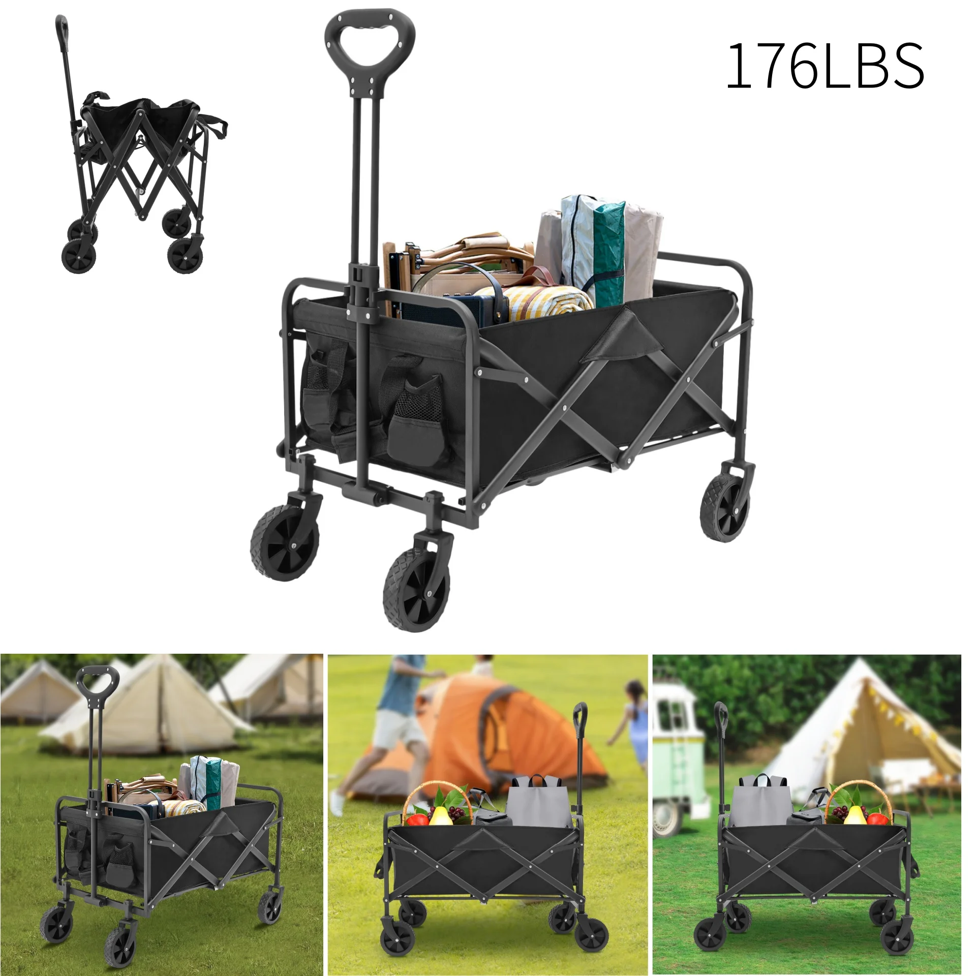 Collapsible Wagon Cart Beach Folding Utility Outdoor Camping Grocery Trolley Heavy Duty Hand Garden Cart with Wheels