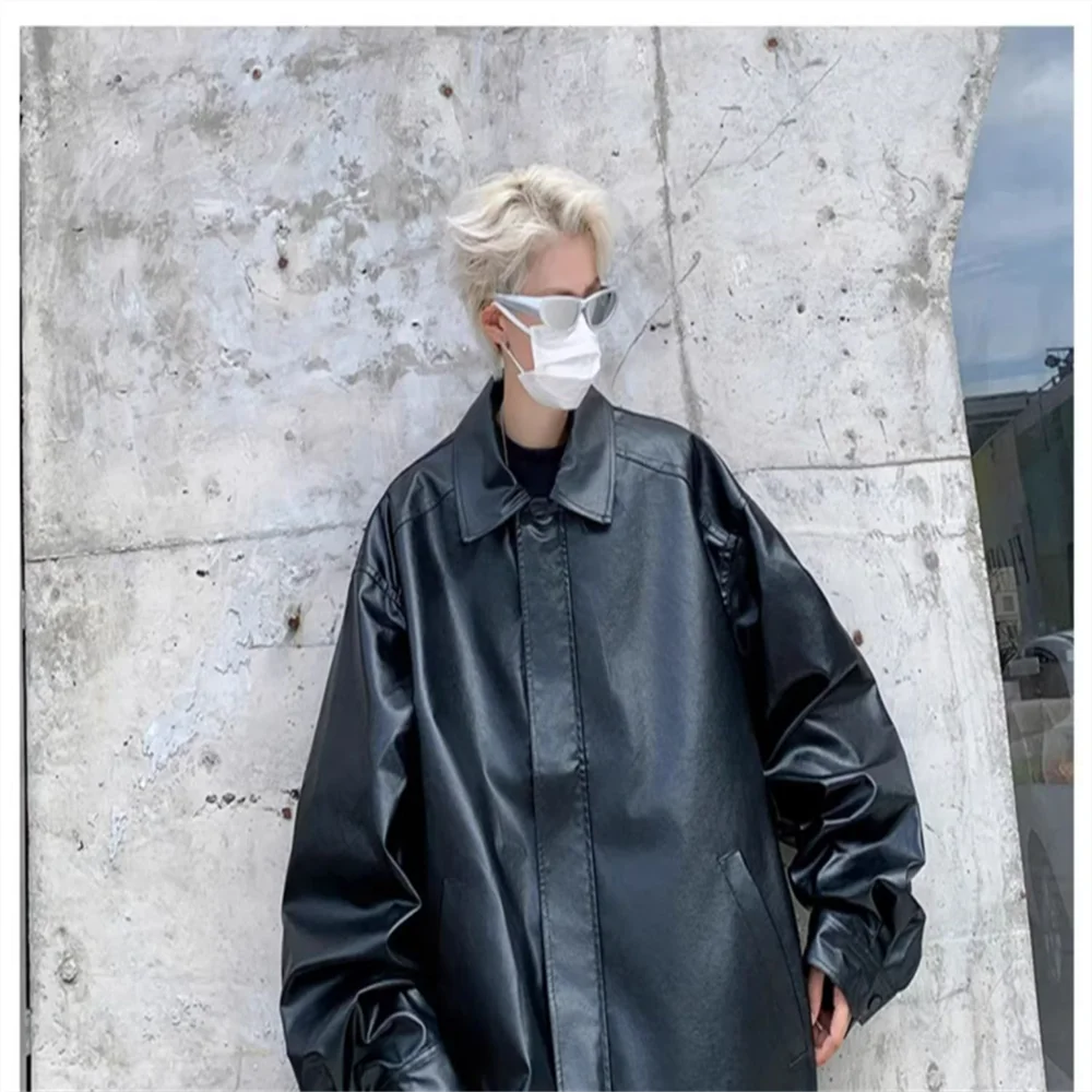 American vintage black leather coat men's senior sense of spring and autumn ruffiai shoulder padded jacket motorcycle suit