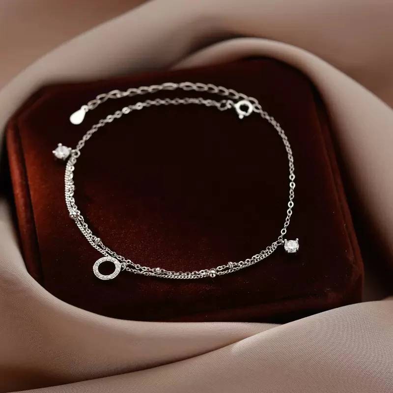 Anklet Bracelets Silver Anklets Ankle Chain 925 Sterling Silver Double Layer Design Foot Chain Tassel Zircon Women's Fine Chain Fashion Overlay Exquisite Foot Jewelry
