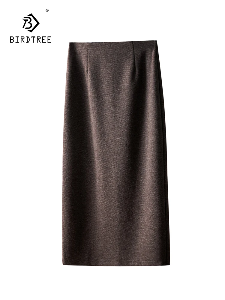

Birdtree 5.3% Wool High Waisted Fashion Retro Skirt Slim Knitted Hip Wrap Mid Length Back Slit Skirt Commute Winter B3D263QC