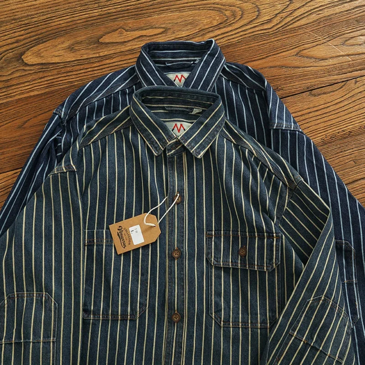 Heavy vertical stripe cargo denim shirt Men do old washed cotton elbow stick cloth lapel long sleeve shirt jacket denim shirt,long sleeved shirt