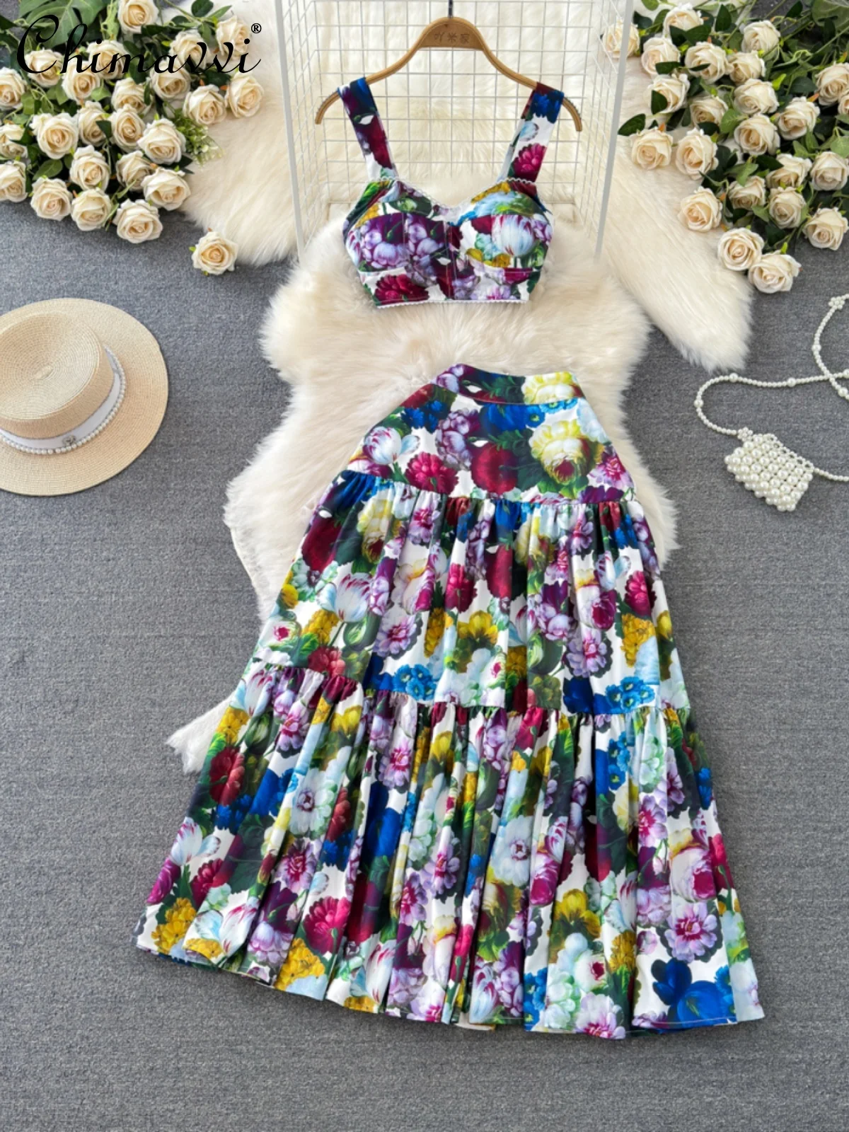 

Fashion Elegant Printed Beach Outfits for Women V Neck Sleeveless Sling Vest Chest Pad High Waist A- line Skirt Two-Piece Set