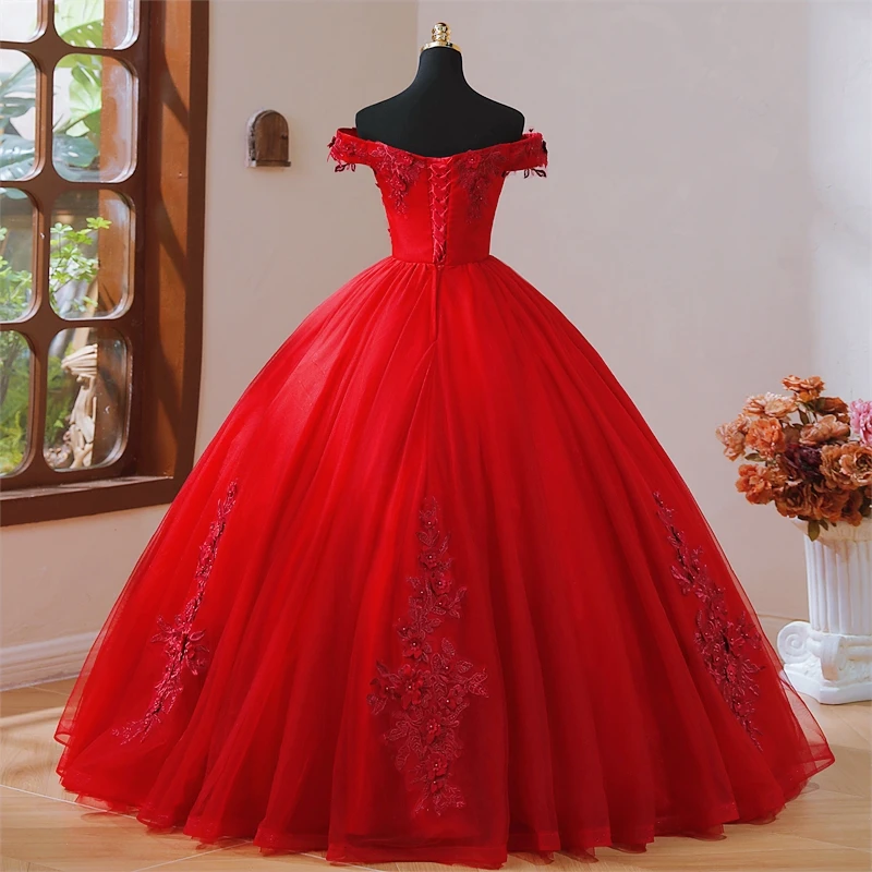 Summer New Red Quinceanera Dresses Sweet Flower Party Dress Luxury Lace Ball Gown Classic Boho Vestidos For Girls