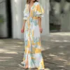 Casual Maxi Dress Summer Elegant Temperament Mid Waist Dresses Beauty Retro Long Sleeve Solid Printed Sexy Womens Vestidos 1