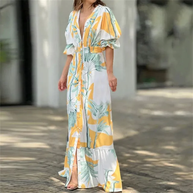 Casual Maxi Dress Summer Elegant Temperament Mid Waist Dresses Beauty Retro Long Sleeve Solid Printed Sexy Womens Vestidos 1