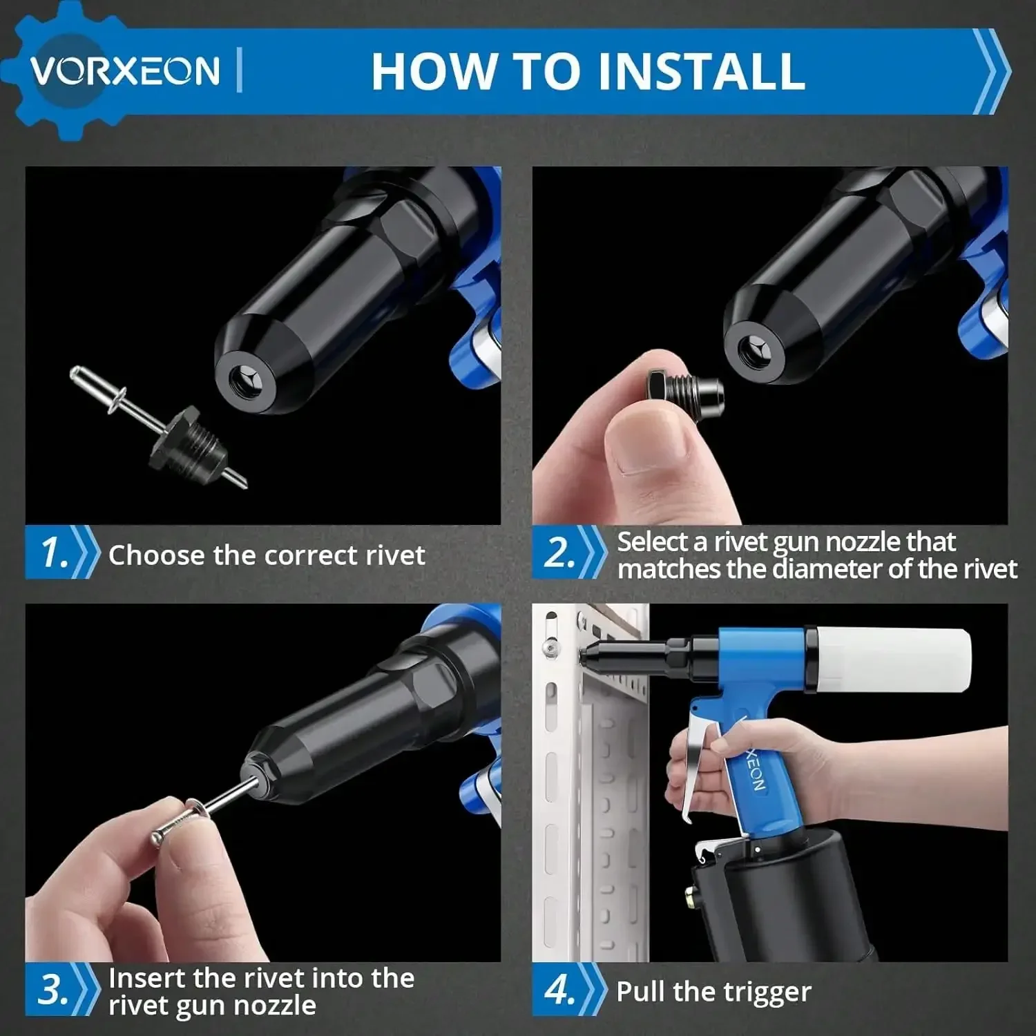 Pneumatic Rivet Gun With 5 Interchangeable Heads Pulling Pressure1780KGF Air Givet Gun For Home,Decoration,Industry,Auto Repair